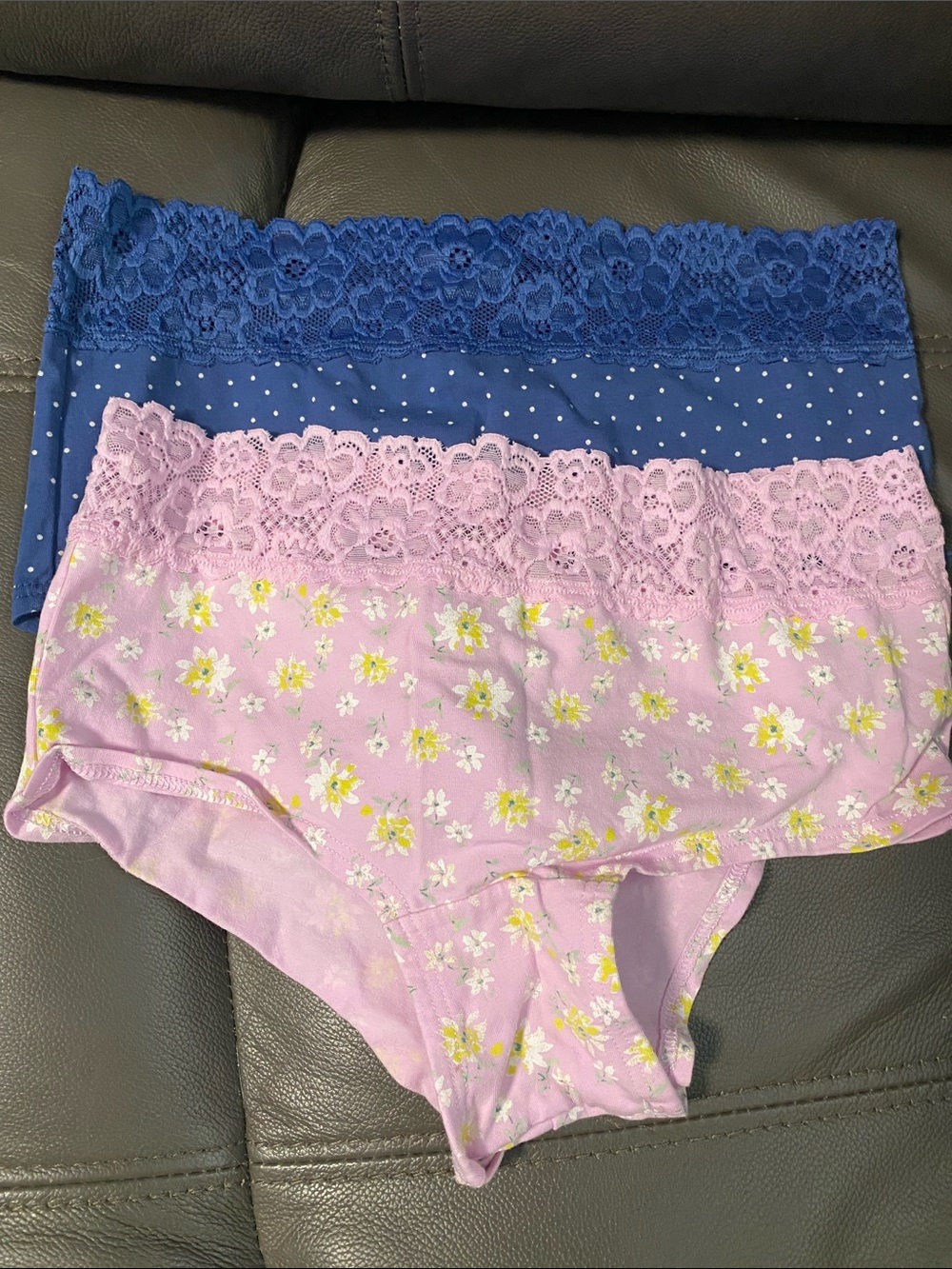 Lace-Trim Cotton Briefs - Pink Floral & Navy Dot (2-Pack)